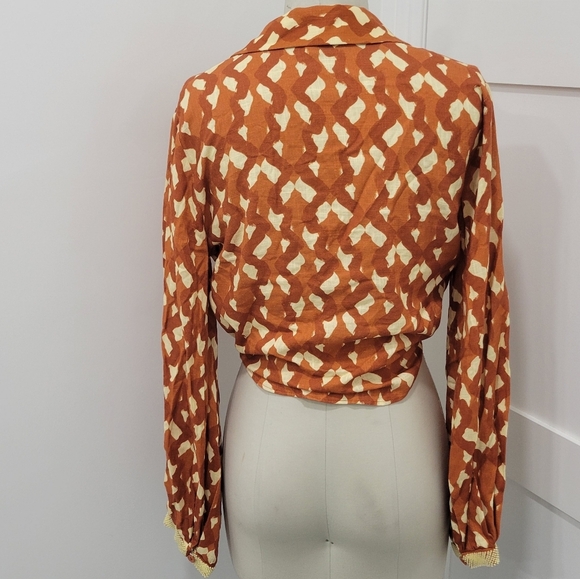 Zara Linen Blend Printed Top in Terracotta With Sequins Beads Sleeves Size S - Picture 5 of 16